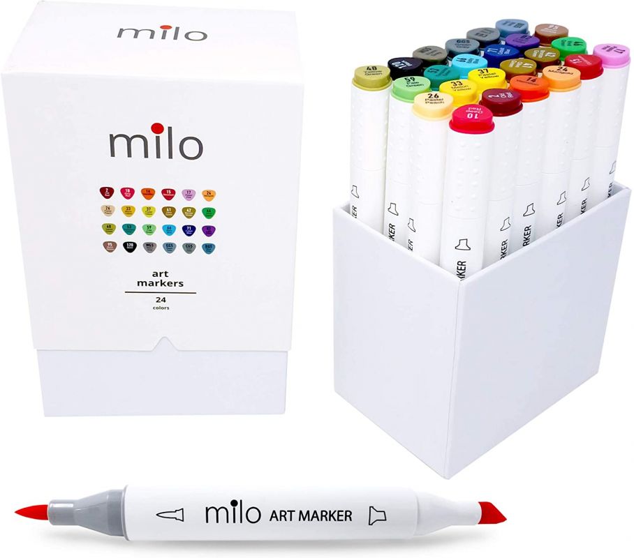Milo 24 Art Marker Set Dual Tip Artist Markers | Brush Tip and Chisel Tip | Alcohol Based Coloring Markers | Includes Marker Storage Box