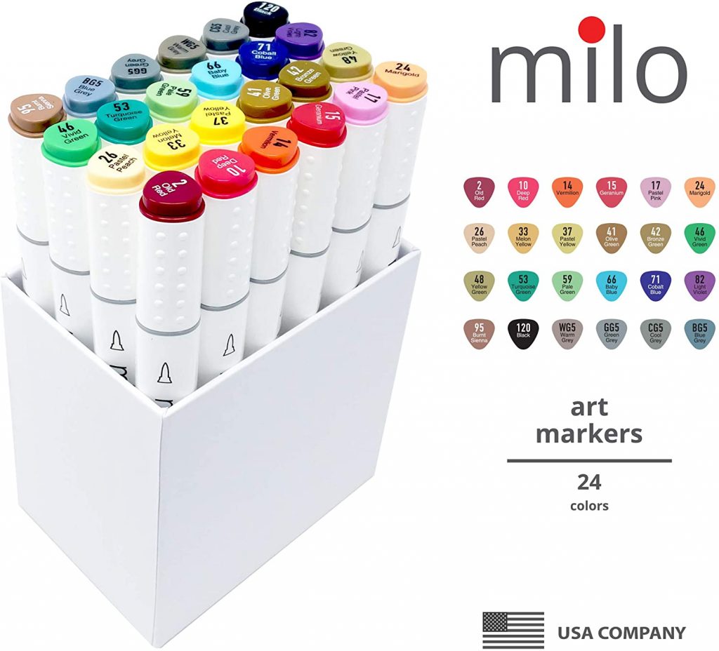 MILO  48 Art Marker Set Dual Tip Alcohol Based Brush Chisel