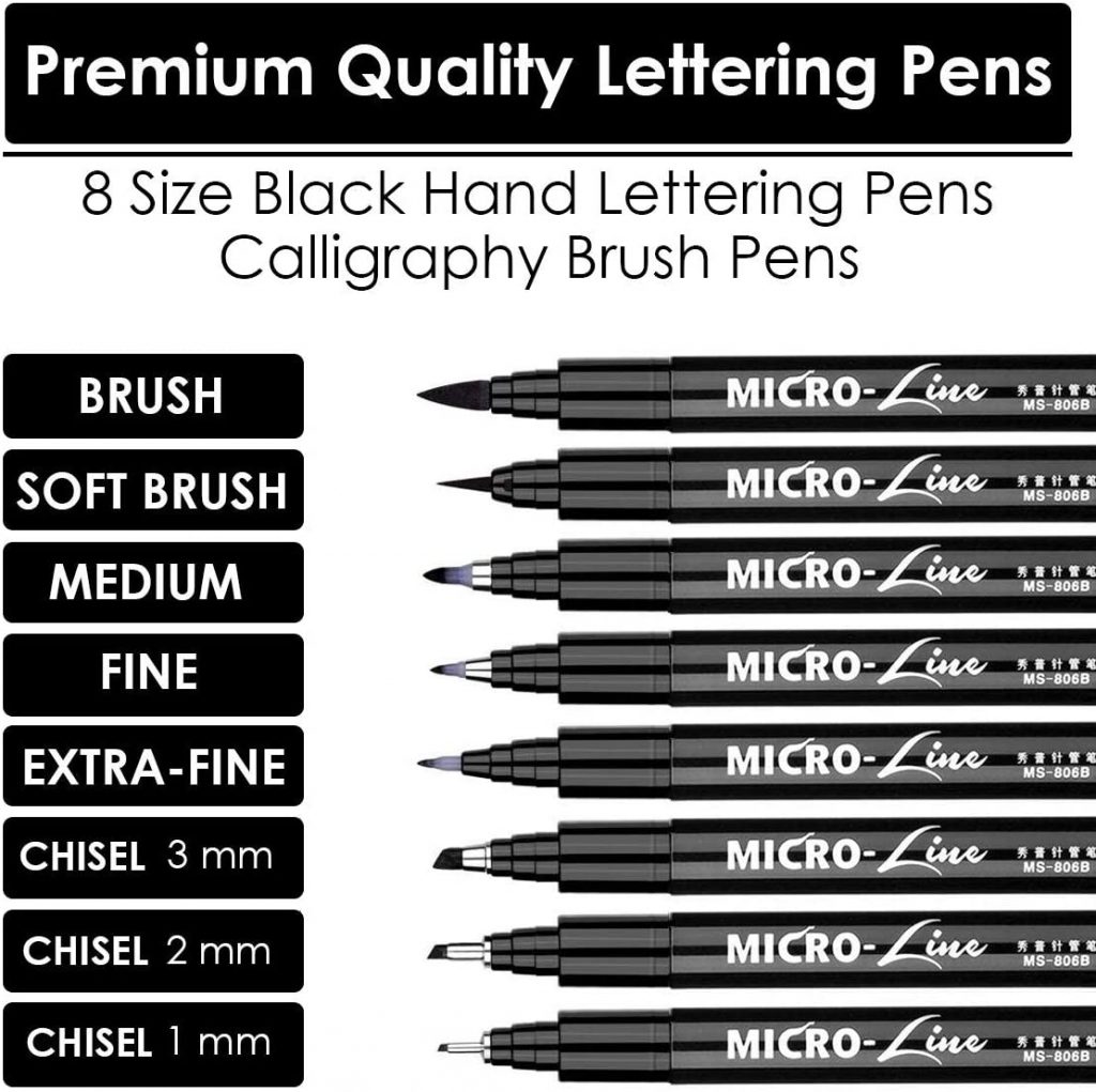 Dainayw Hand Lettering Pens, Calligraphy Brush Pen, 8 Size Black Markers  Set for Artist Sketch, Technical, Beginners Writing, Art Drawings,  Signature, Water Color Illustrations, Journaling 
