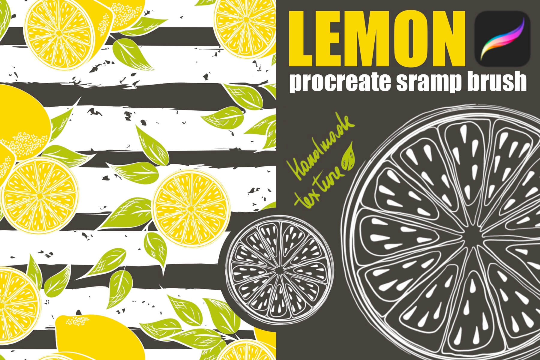 Brush simple stamp hand drawn textured fruits set. Food, lemon